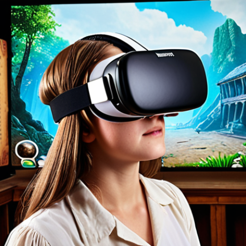 Home 15 **Interactive Learning VR Experience:** A student wearing a VR headset, immersed in a historical scene. They are reaching out to interact with a virtual object, with historical figures in the background. The scene should be vibrant and engaging, showcasing the immersive nature of VR learning. Style: Hyperrealistic, detailed, bright colors.