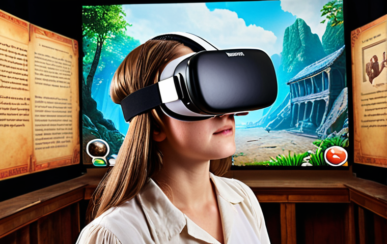 **Interactive Learning VR Experience:** A student wearing a VR headset, immersed in a historical scene. They are reaching out to interact with a virtual object, with historical figures in the background. The scene should be vibrant and engaging, showcasing the immersive nature of VR learning. Style: Hyperrealistic, detailed, bright colors.