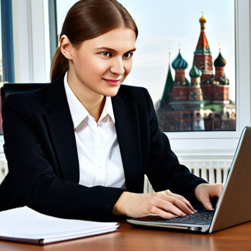 Home 7 **
A professional businesswoman in a modest business suit, sitting at a desk in a modern Moscow office with a view of the Kremlin. She is working on a laptop. The scene is brightly lit, with a focus on her confident expression. Fully clothed, appropriate attire, safe for work, perfect anatomy, natural proportions, professional photography, high quality. Family-friendly.
**