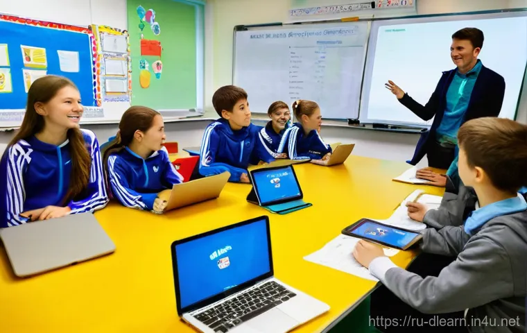 디지털 교육에서의 블렌디드 학습 - **Prompt 2: Immersive VR/AR Education in a Russian High School**
    "A male Russian high school stu...