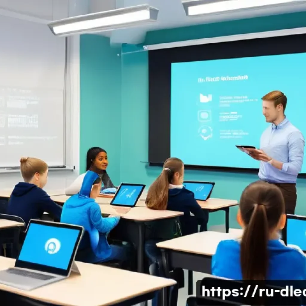 디지털 학습에서의 교사의 역할 - A modern classroom scene in Russia showing a diverse group of attentive students and a teacher engag...