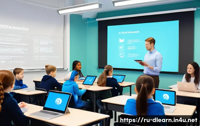 디지털 학습에서의 교사의 역할 - A modern classroom scene in Russia showing a diverse group of attentive students and a teacher engag...