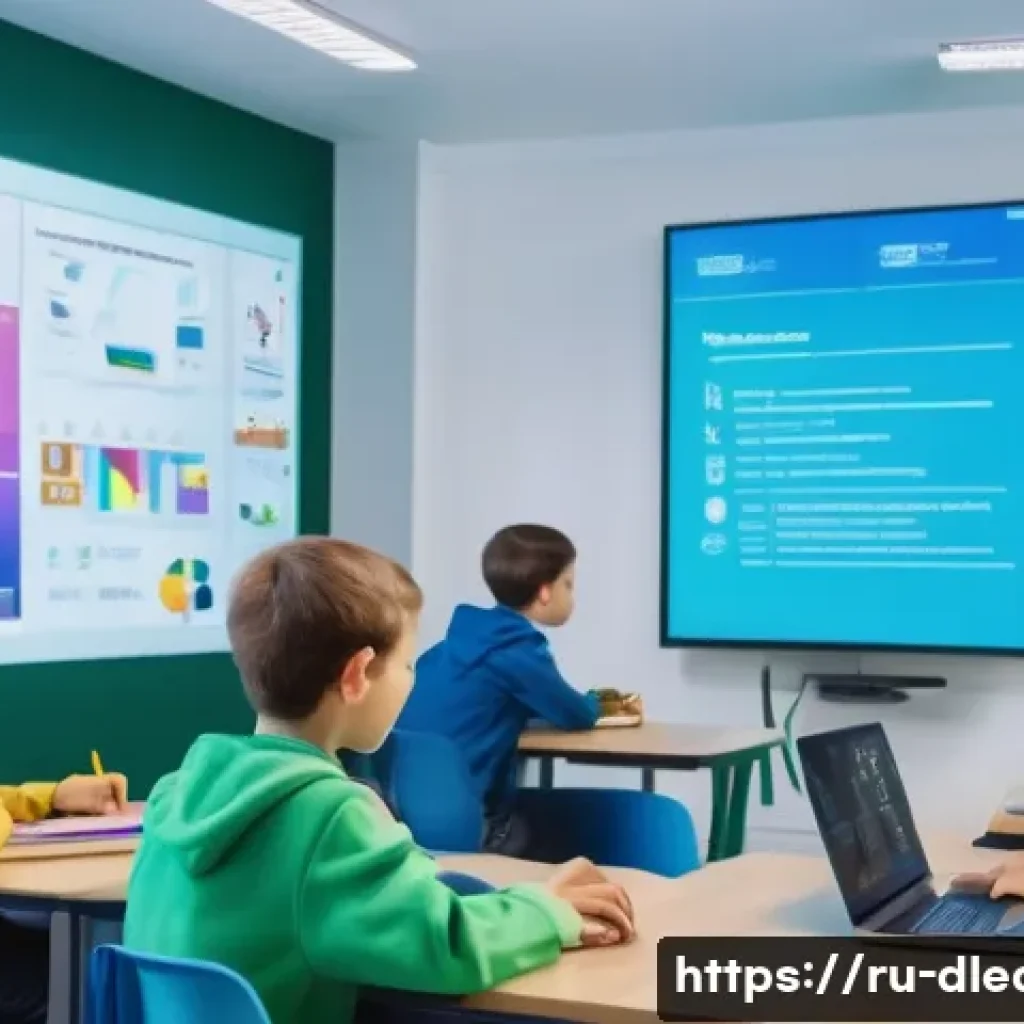 디지털 교육학 - A modern digital classroom scene showing diverse Russian students aged 12-16 attentively watching an...