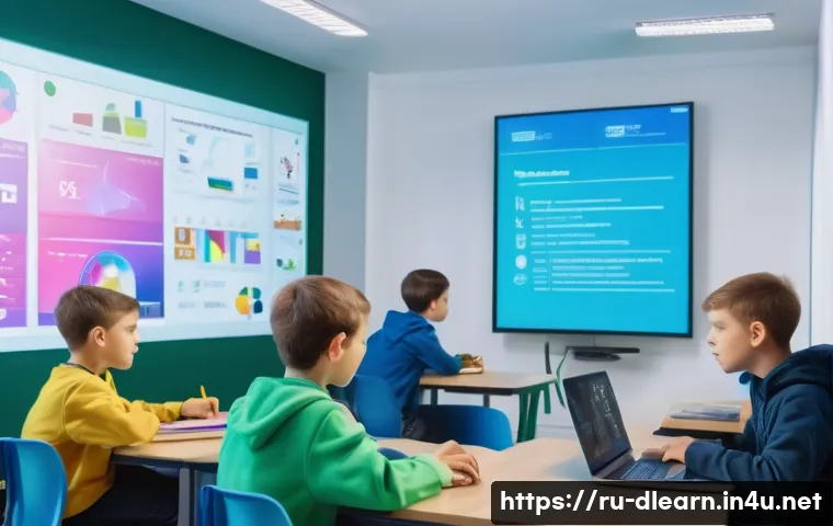 디지털 교육학 - A modern digital classroom scene showing diverse Russian students aged 12-16 attentively watching an...