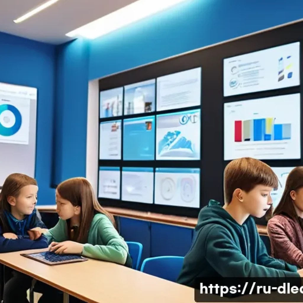 디지털 학습의 역사 - A modern classroom scene in Russia showing students of diverse ages using advanced digital learning ...