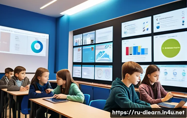 디지털 학습의 역사 - A modern classroom scene in Russia showing students of diverse ages using advanced digital learning ...