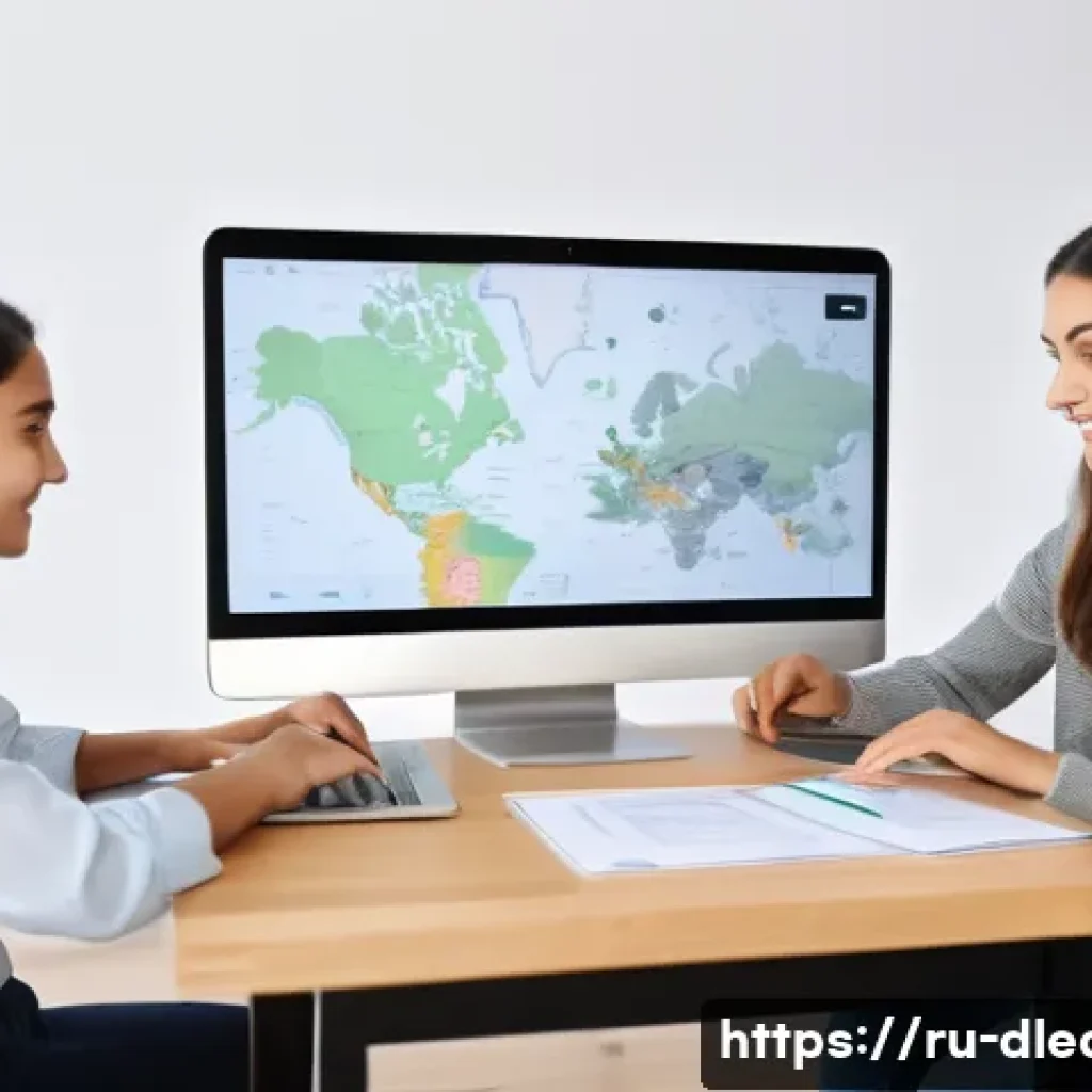 기술 기반 학습 - A modern online learning environment scene featuring a diverse group of Russian students using lapto...