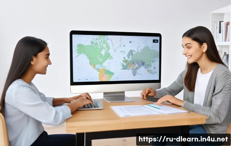 기술 기반 학습 - A modern online learning environment scene featuring a diverse group of Russian students using lapto...