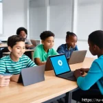 Home 22 디지털 교육에서의 콘텐츠 개인화 - A modern classroom scene featuring diverse students using adaptive learning technology on tablets an...