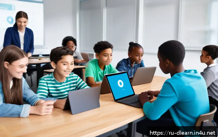 디지털 교육에서의 콘텐츠 개인화 - A modern classroom scene featuring diverse students using adaptive learning technology on tablets an...