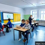 Home 21 디지털 학습을 위한 기술 혁신 - A modern digital classroom scene in Russia featuring diverse students of various ages engaging with ...