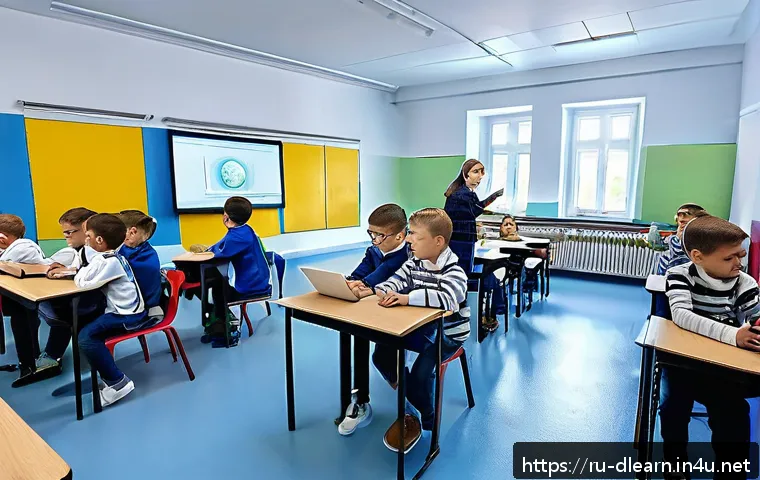 디지털 학습을 위한 기술 혁신 - A modern digital classroom scene in Russia featuring diverse students of various ages engaging with ...