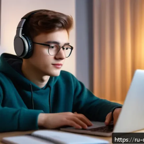 Home 31 디지털 학습을 통한 직업 훈련 - A modern digital learning environment showing a young adult Russian student studying on a laptop at ...