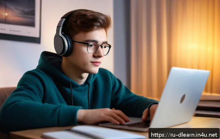 디지털 학습을 통한 직업 훈련 - A modern digital learning environment showing a young adult Russian student studying on a laptop at ...