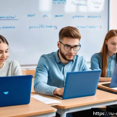 Home 30 디지털 학습의 유연성 - A modern Russian university classroom scene showing diverse young adult students engaging with inter...