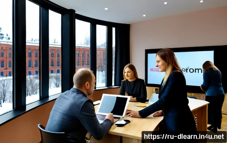 디지털 학습을 위한 리더십 전략 - Photorealistic modern Moscow office classroom, confident middle-aged female team leader guiding a di...