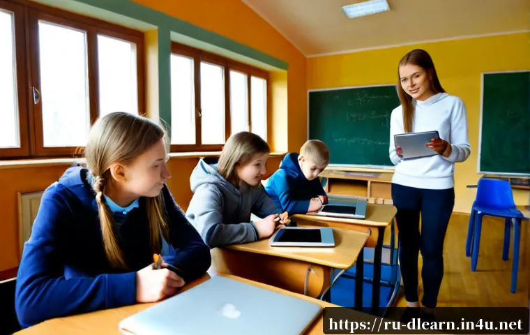 Home 17 디지털 기술을 활용한 교육 - Photorealistic modern classroom in Russia, a friendly middle-aged teacher guiding a group of teenage...